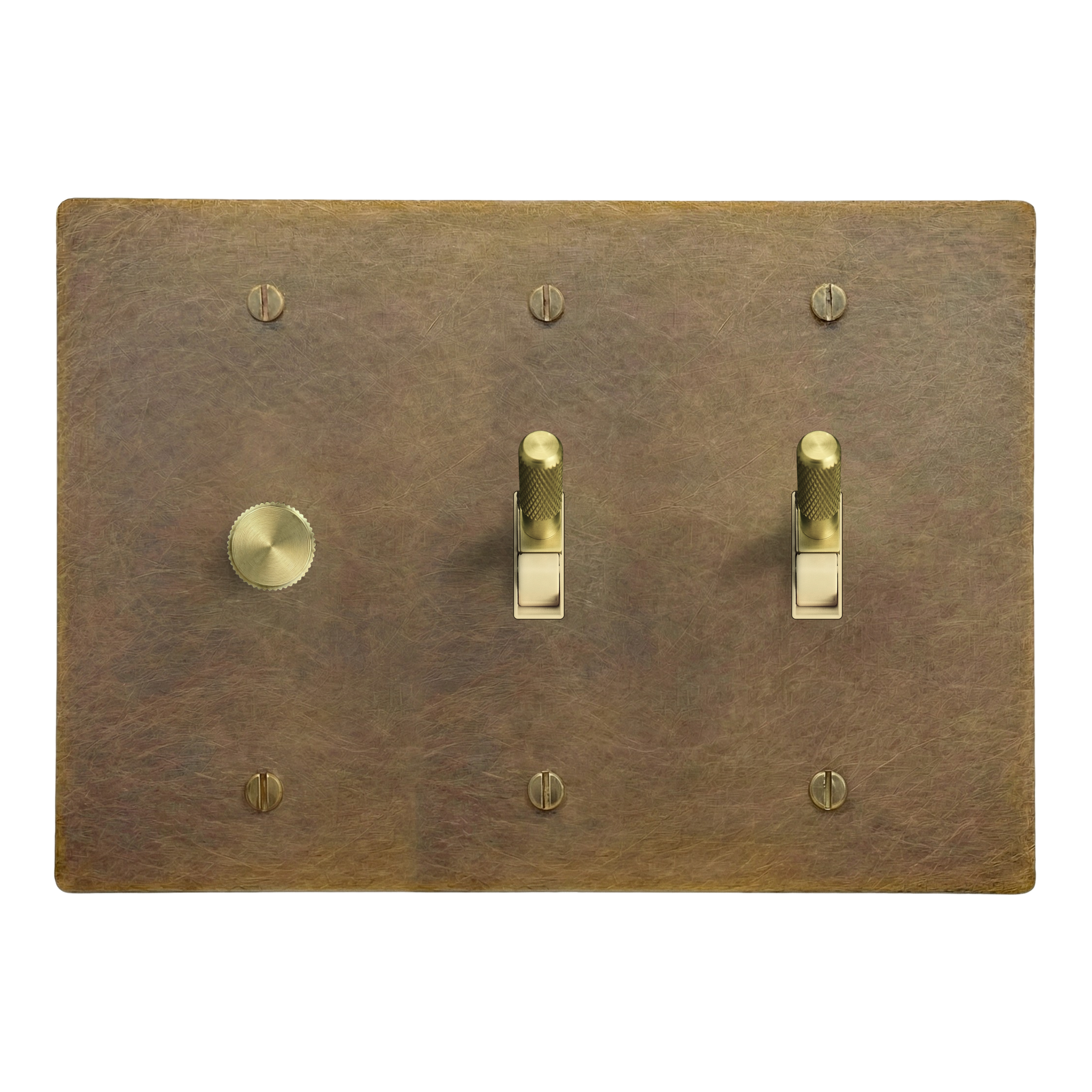 Aged Brass 3-Gang Dimmer, Toggle & Toggle Switch Plate in Ivory