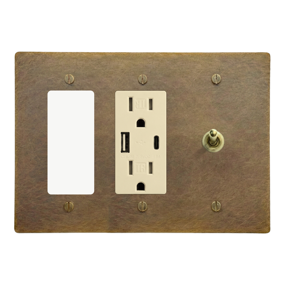 Aged Brass 3-Gang Decora, USB Outlet & Vintage Toggle Switch Plate in Ivory