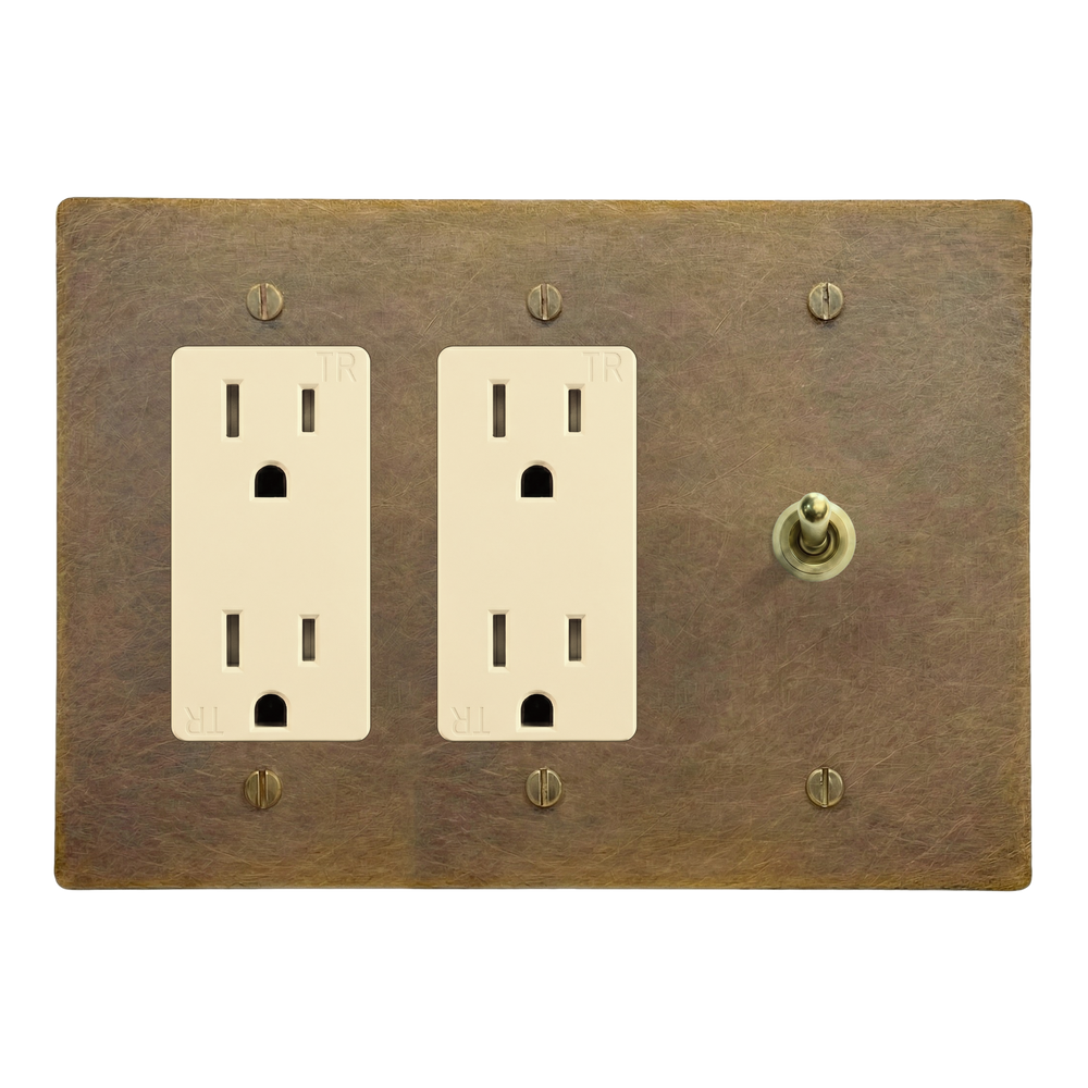 Aged Brass 3-Gang Duplex Outlet, Duplex Outlet & Vintage Toggle Switch Plate in Ivory