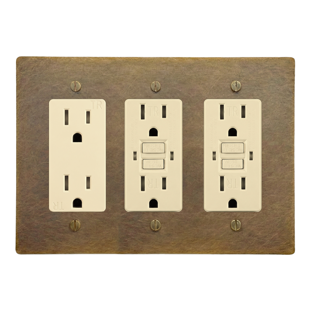 Aged Brass 3-Gang Duplex Outlet, GFCI Outlet & GFCI Outlet Switch Plate in Ivory