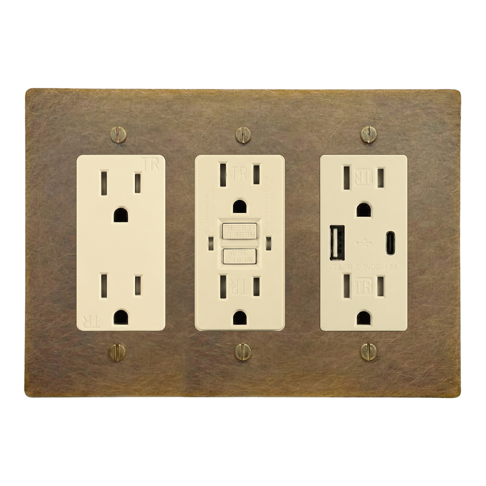 Aged Brass 3-Gang Duplex Outlet, GFCI Outlet & USB Outlet Switch Plate in Ivory