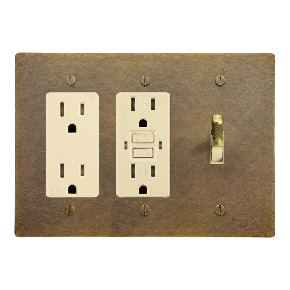 Aged Brass 3-Gang Duplex Outlet, GFCI Outlet & Toggle Switch Plate in Ivory