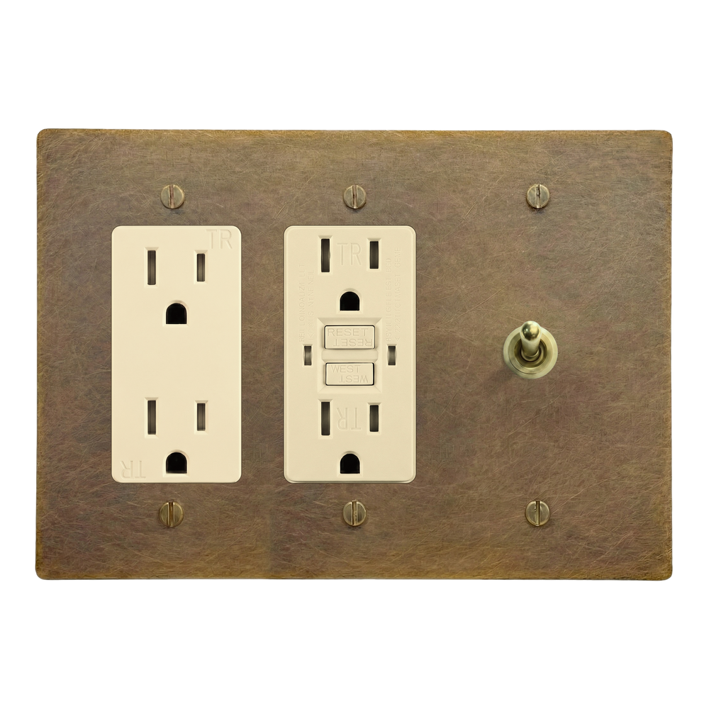 Aged Brass 3-Gang Duplex Outlet, GFCI Outlet & Vintage Toggle Switch Plate in Ivory