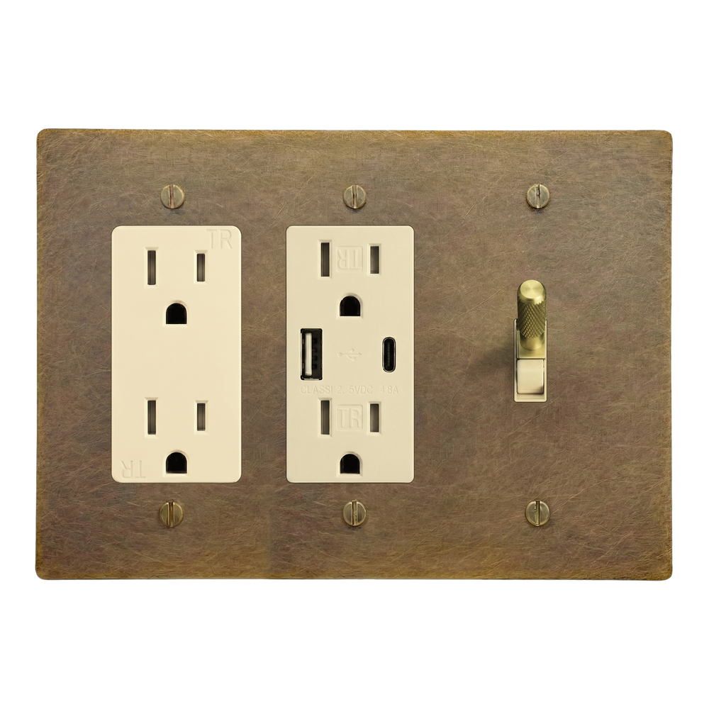 Aged Brass 3-Gang Duplex Outlet, USB Outlet & Toggle Switch Plate in Ivory