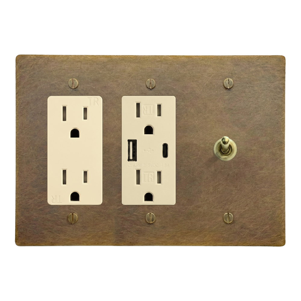 Aged Brass 3-Gang Duplex Outlet, USB Outlet & Vintage Toggle Switch Plate in Ivory