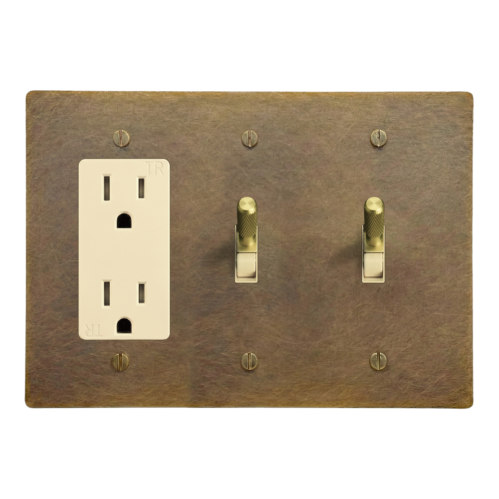 Aged Brass 3-Gang Duplex Outlet, Toggle & Toggle Switch Plate in Ivory