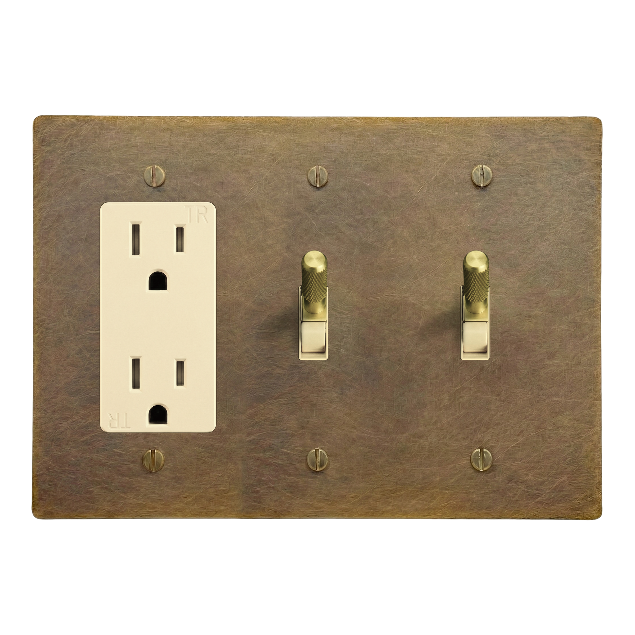 Aged Brass 3-Gang Duplex Outlet, Toggle & Toggle Switch Plate in Ivory