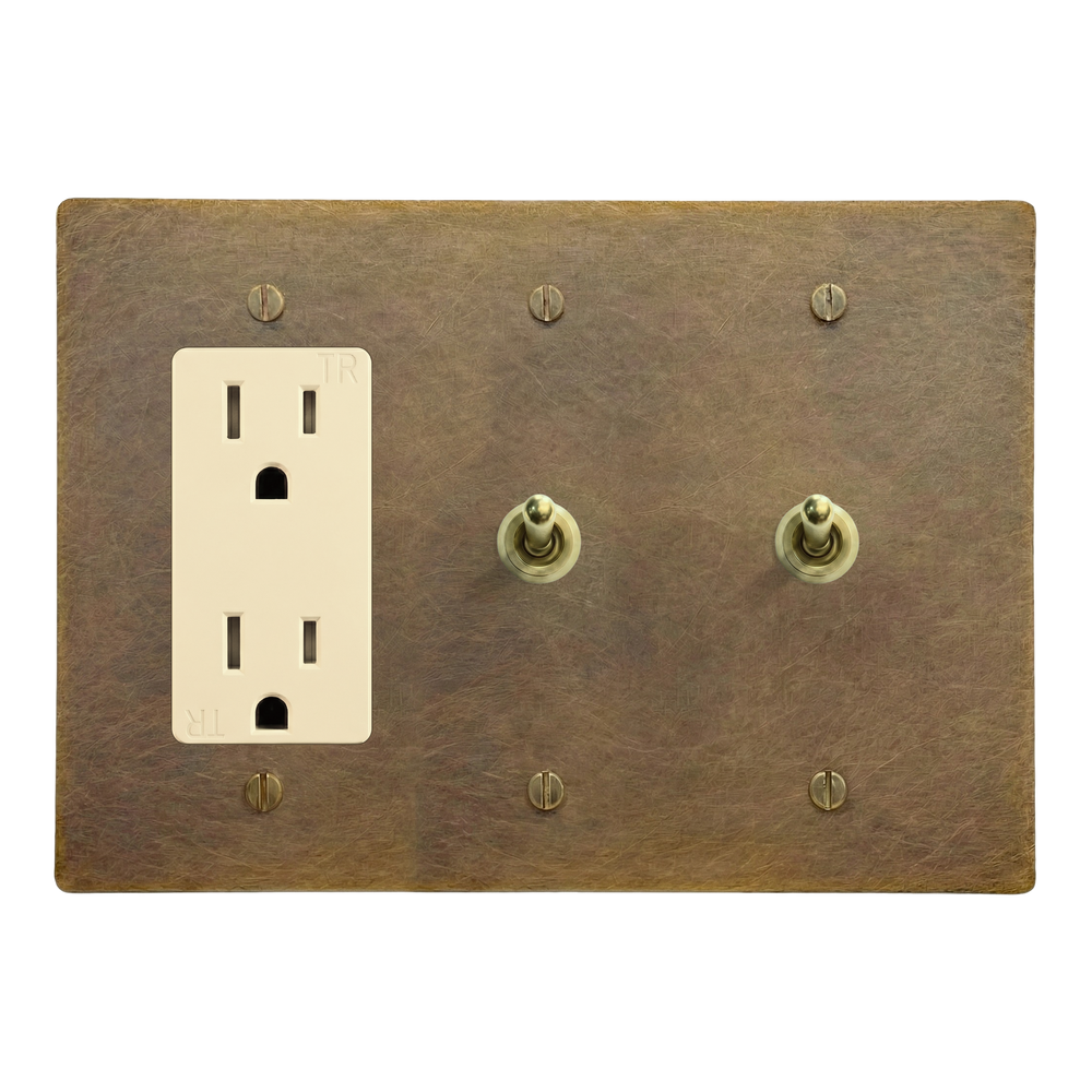 Aged Brass 3-Gang Duplex Outlet, Vintage Toggle & Vintage Toggle Switch Plate in Ivory