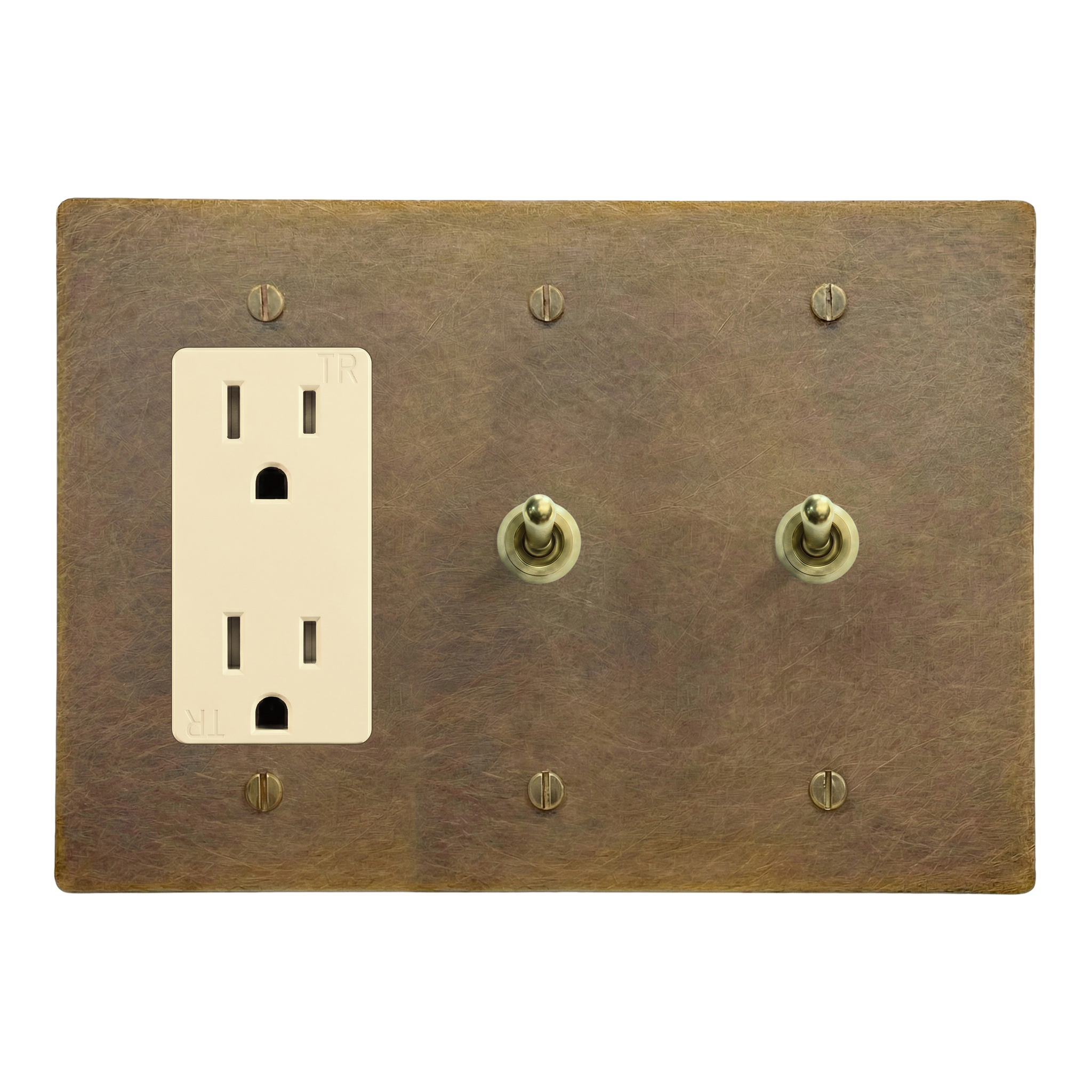 Aged Brass 3-Gang Duplex Outlet, Vintage Toggle & Vintage Toggle Switch Plate in Ivory