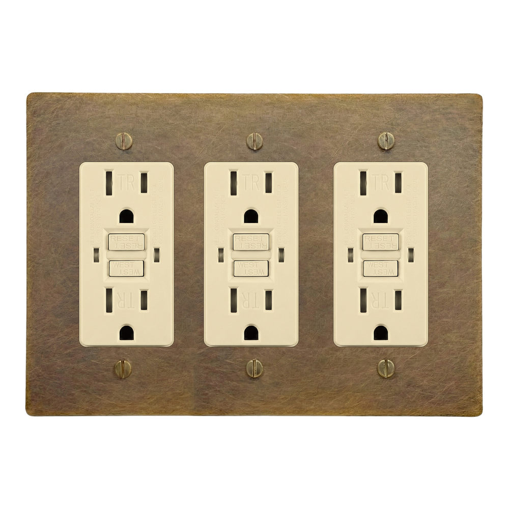 Aged Brass 3-Gang GFCI Outlet, GFCI Outlet & GFCI Outlet Switch Plate in Ivory