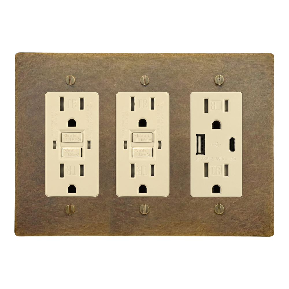 Aged Brass 3-Gang GFCI Outlet, GFCI Outlet & USB Outlet Switch Plate in Ivory