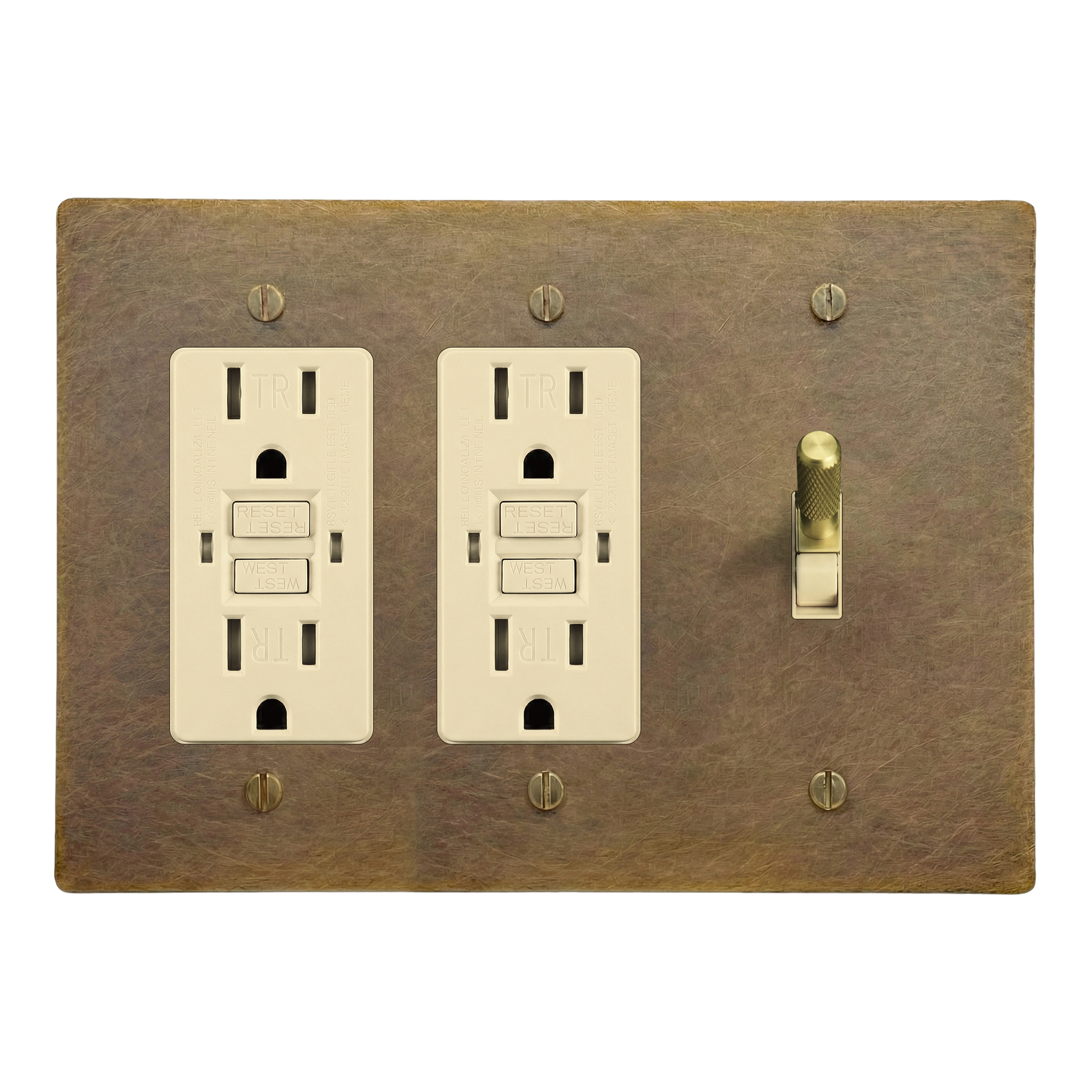 Aged Brass 3-Gang GFCI Outlet, GFCI Outlet & Toggle Switch Plate in Ivory