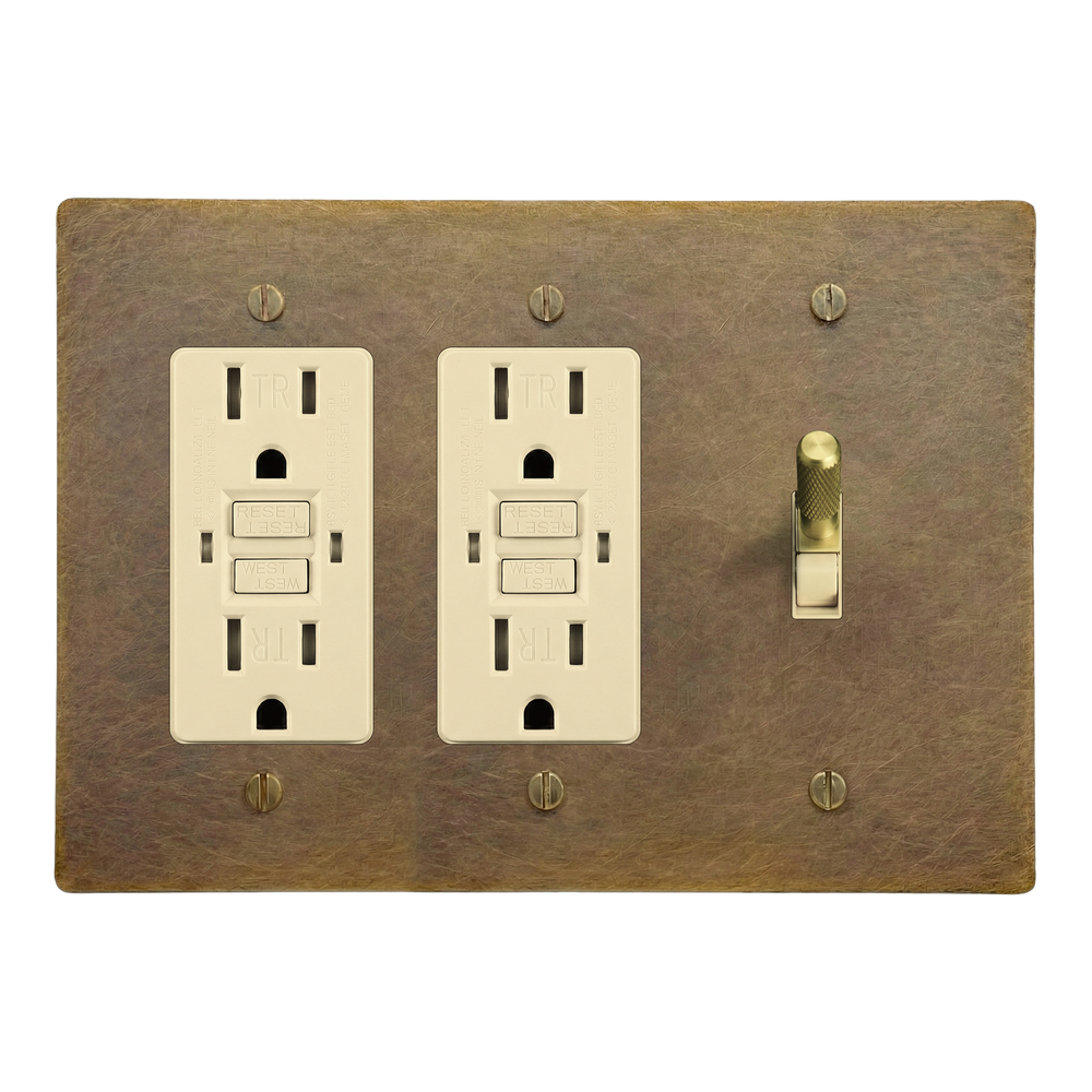 Aged Brass 3-Gang GFCI Outlet, GFCI Outlet & Toggle Switch Plate in Ivory