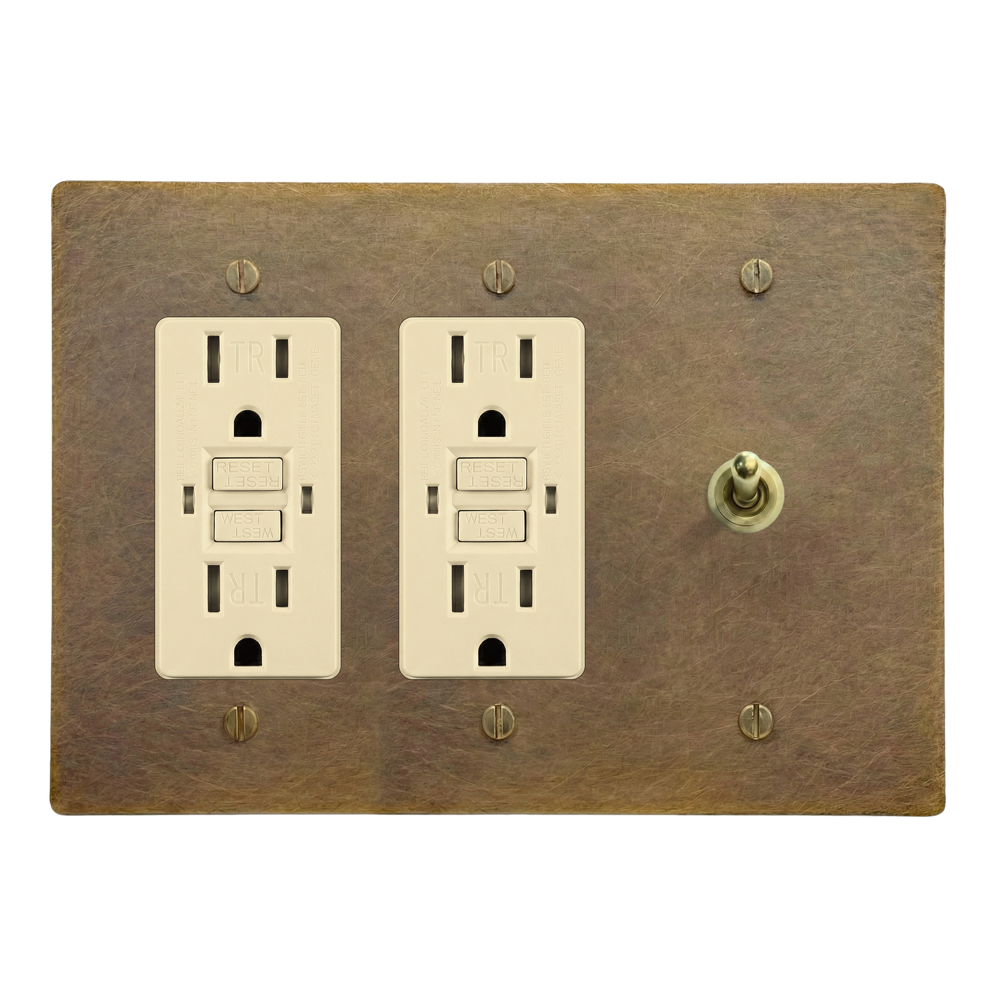 Aged Brass 3-Gang GFCI Outlet, GFCI Outlet & Vintage Toggle Switch Plate in Ivory