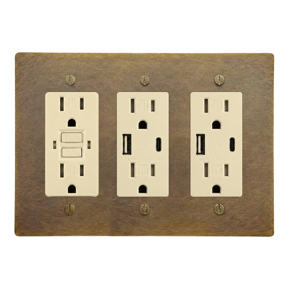 Aged Brass 3-Gang GFCI Outlet, USB Outlet & USB Outlet Switch Plate in Ivory