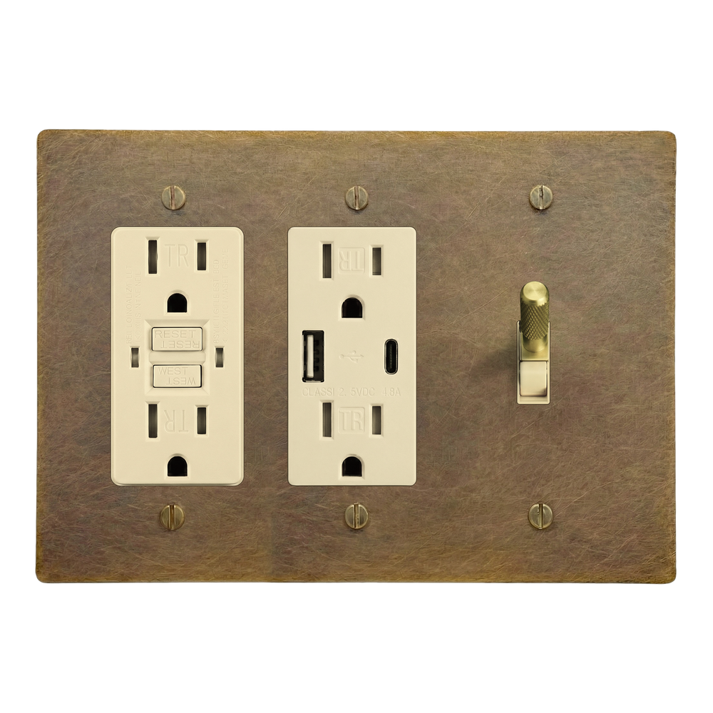 Aged Brass 3-Gang GFCI Outlet, USB Outlet & Toggle Switch Plate in Ivory