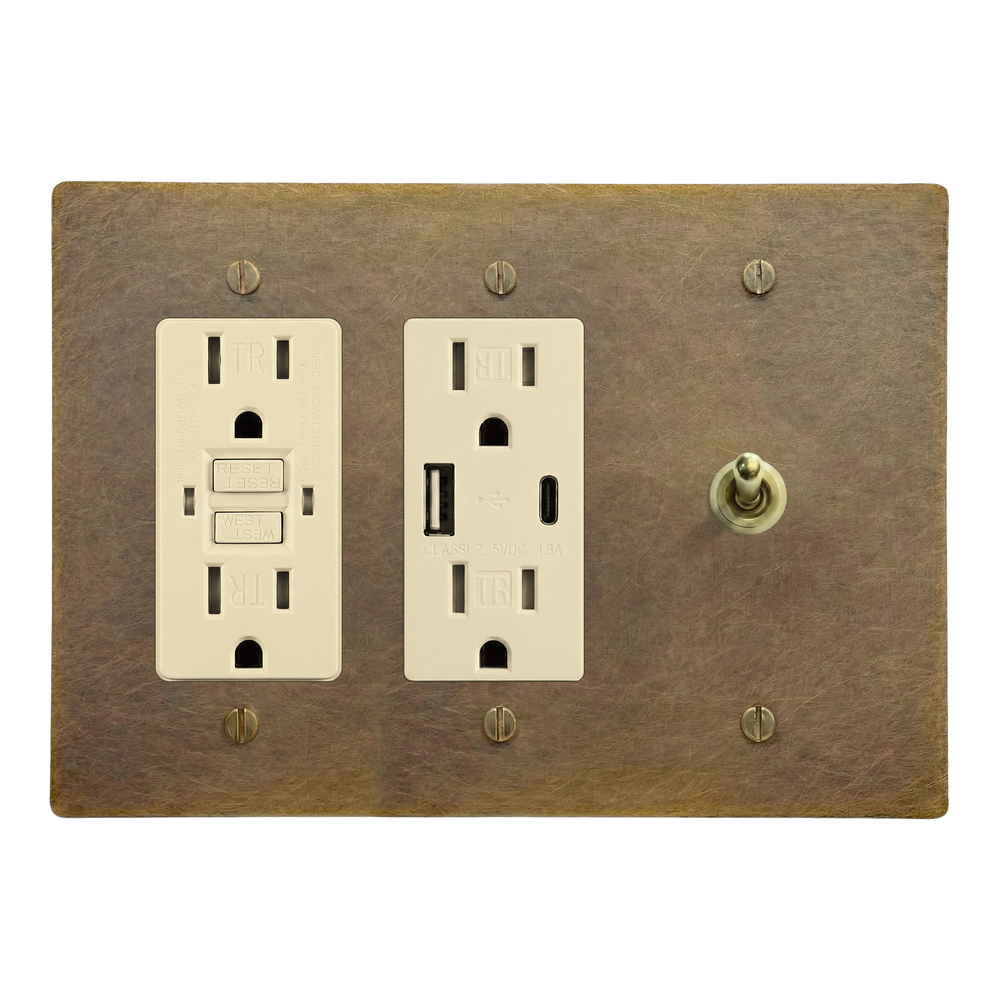 Aged Brass 3-Gang GFCI Outlet, USB Outlet & Vintage Toggle Switch Plate in Ivory