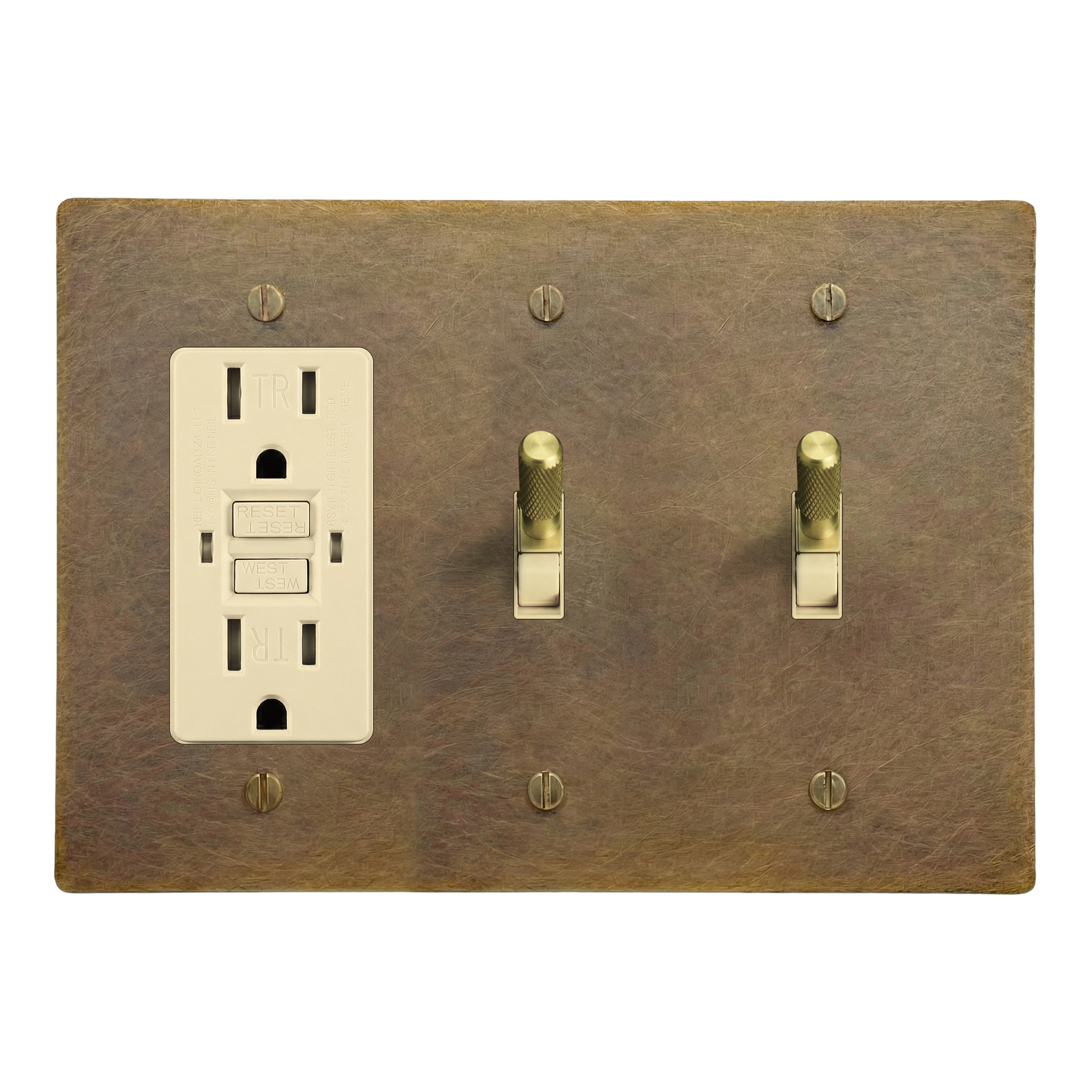Aged Brass 3-Gang GFCI Outlet, Toggle & Toggle Switch Plate in Ivory