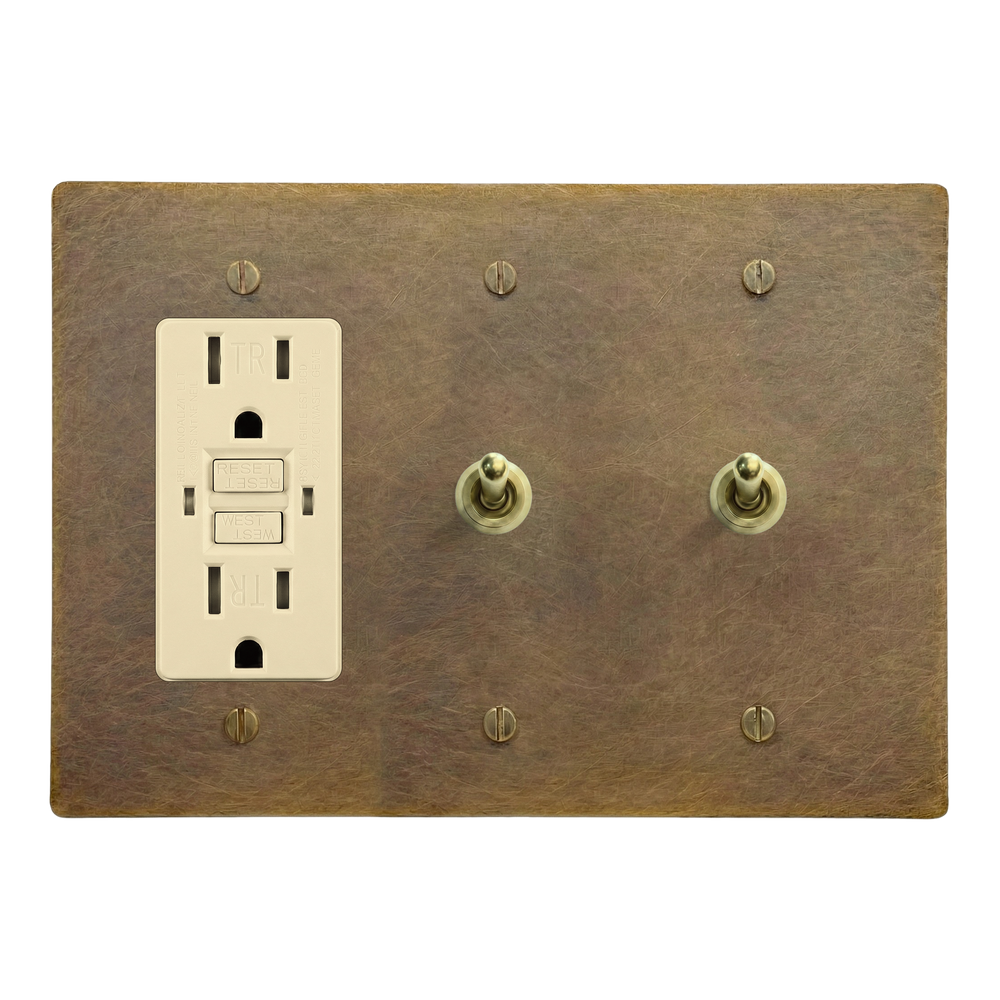 Aged Brass 3-Gang GFCI Outlet, Vintage Toggle & Vintage Toggle Switch Plate in Ivory