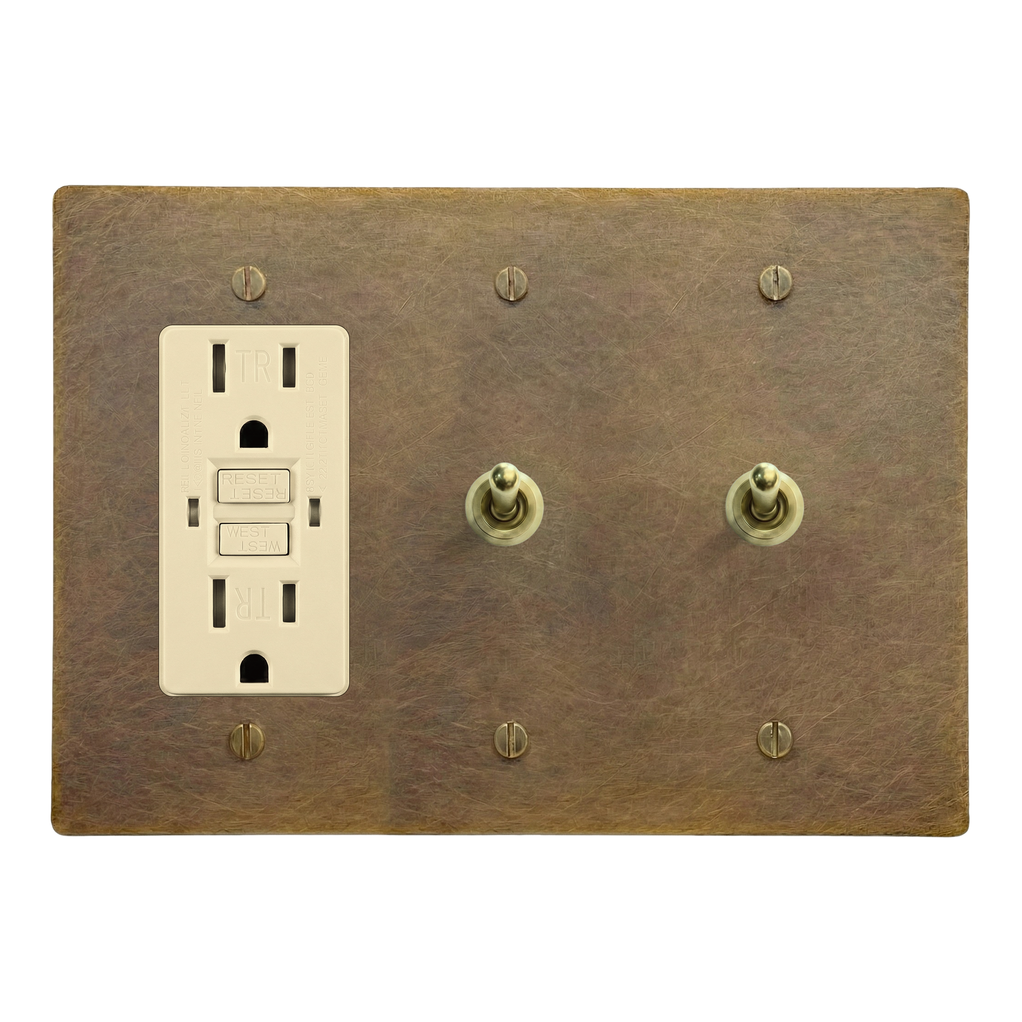 Aged Brass 3-Gang GFCI Outlet, Vintage Toggle & Vintage Toggle Switch Plate in Ivory