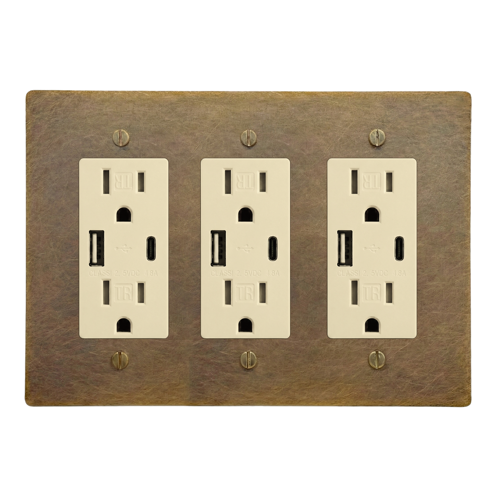 Aged Brass 3-Gang USB Outlet, USB Outlet & USB Outlet Switch Plate in Ivory