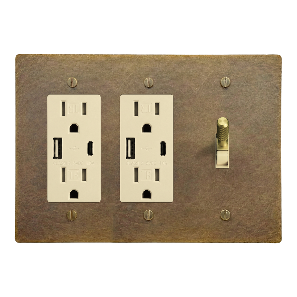 Aged Brass 3-Gang USB Outlet, USB Outlet & Toggle Switch Plate in Ivory