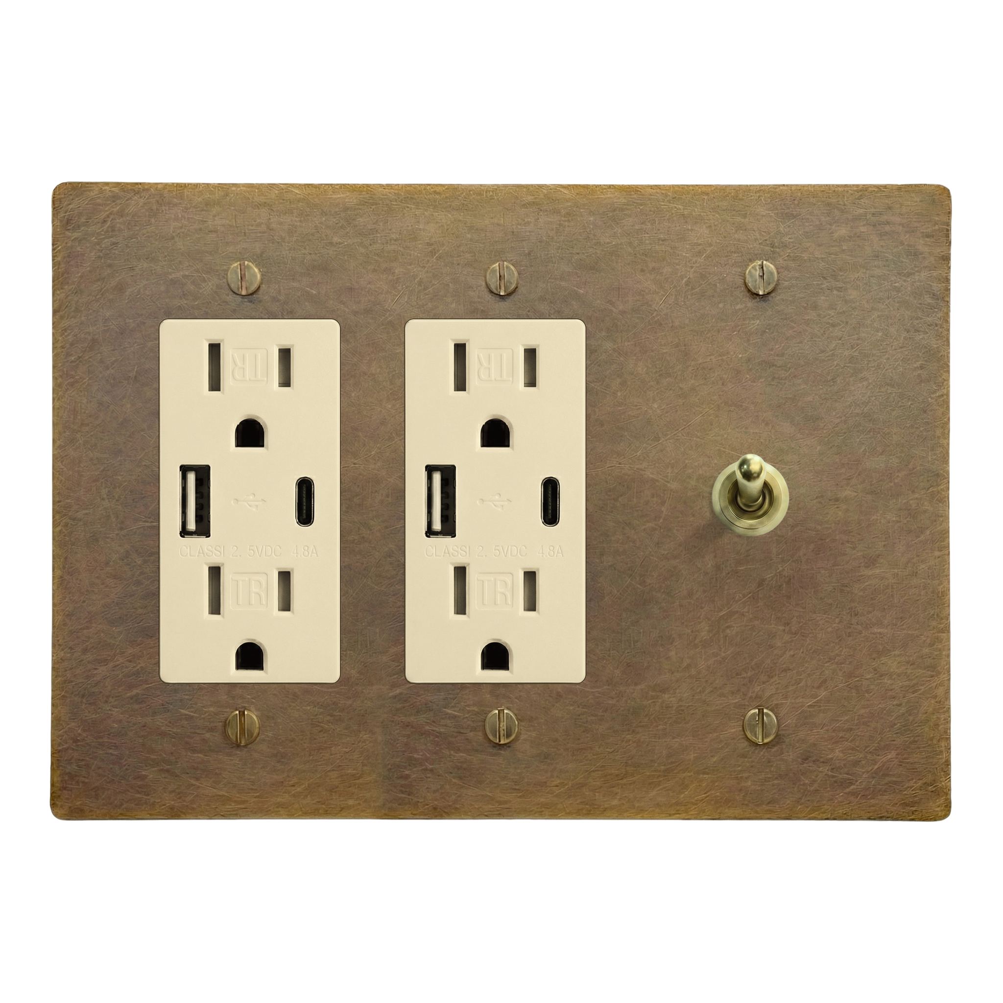 Aged Brass 3-Gang USB Outlet, USB Outlet & Vintage Toggle Switch Plate in Ivory