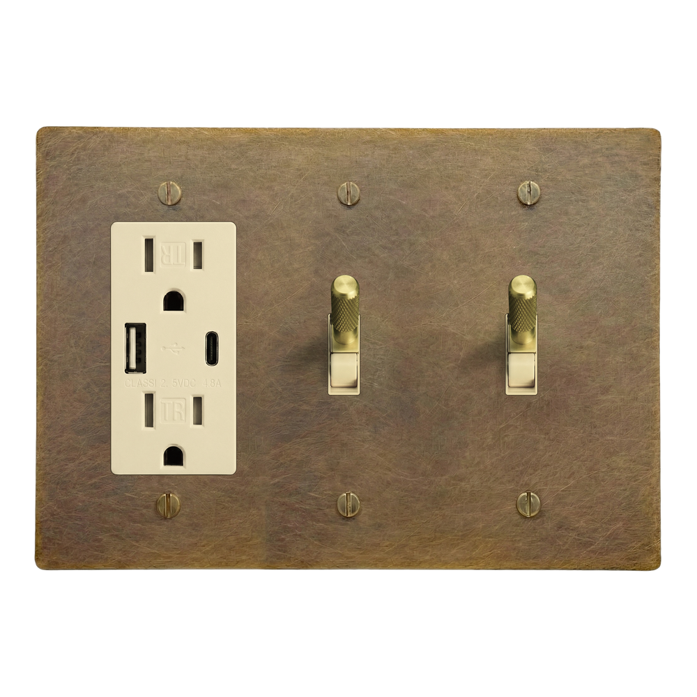 Aged Brass 3-Gang USB Outlet, Toggle & Toggle Switch Plate in Ivory