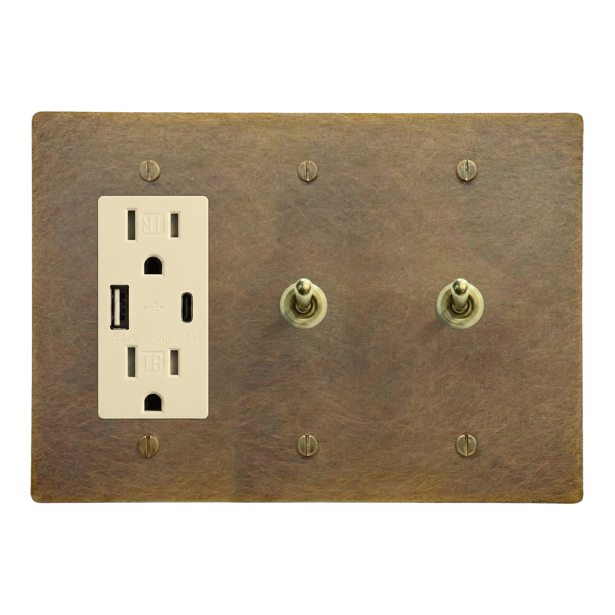 Aged Brass 3-Gang USB Outlet, Vintage Toggle & Vintage Toggle Switch Plate in Ivory