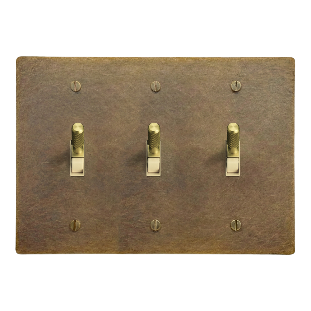 Aged Brass 3-Gang Toggle, Toggle & Toggle Switch Plate in Ivory