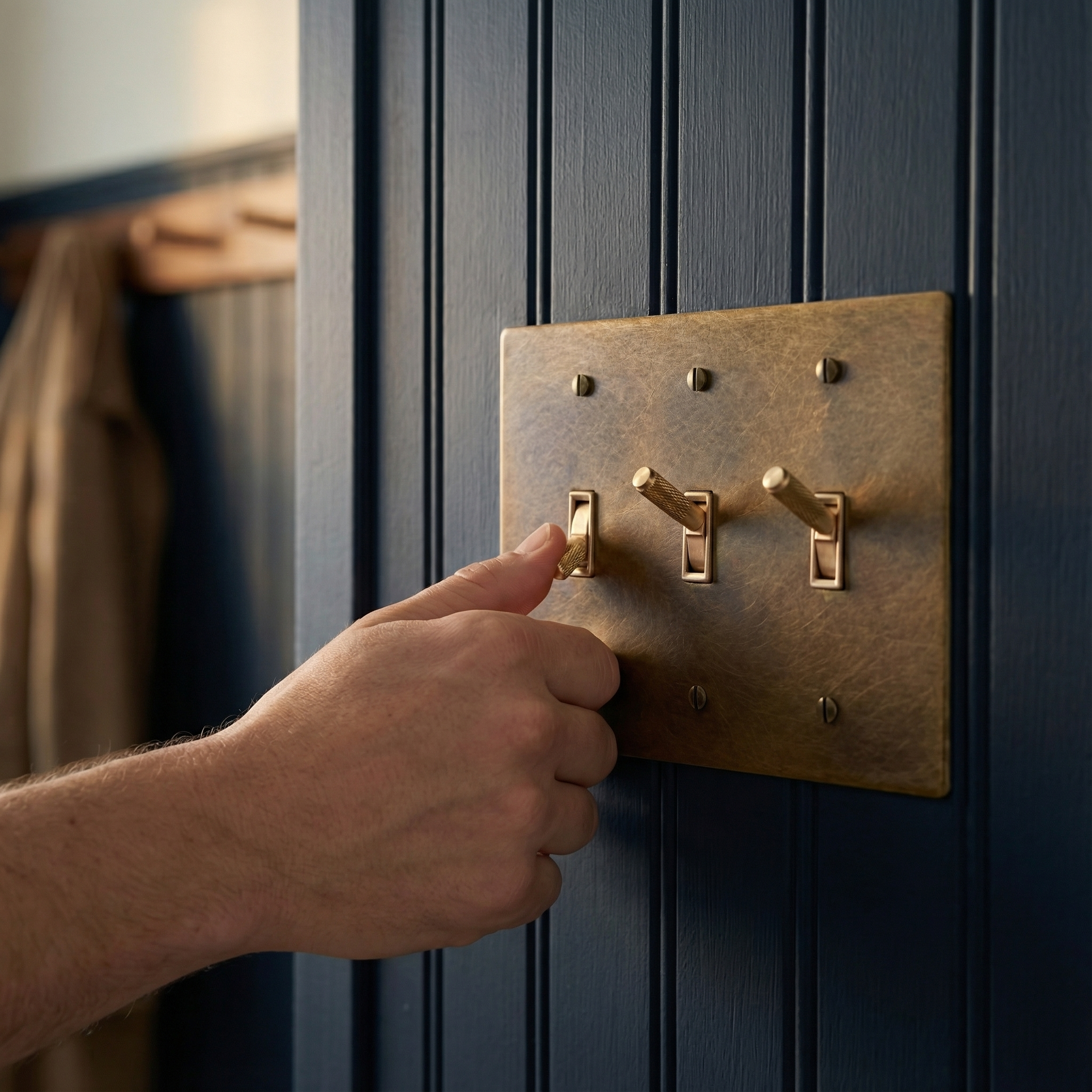 Hand adjusts an aged brass 3 gang toggle switch plate on a navy paneled wall, evoking timeless luxury.