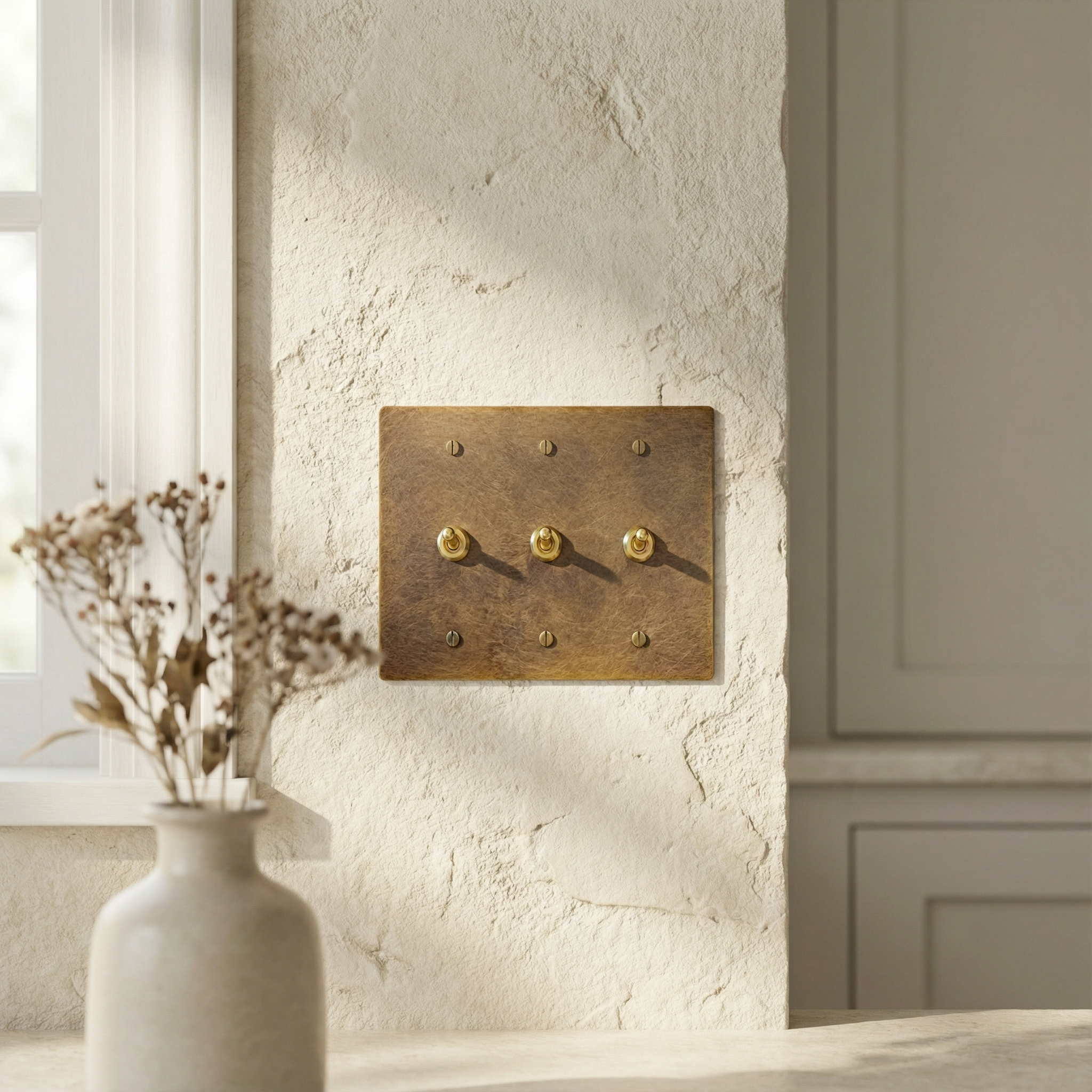 Aged brass 3 gang vintage toggle switch plate adds tactile elegance to a textured wall in a timeless room.