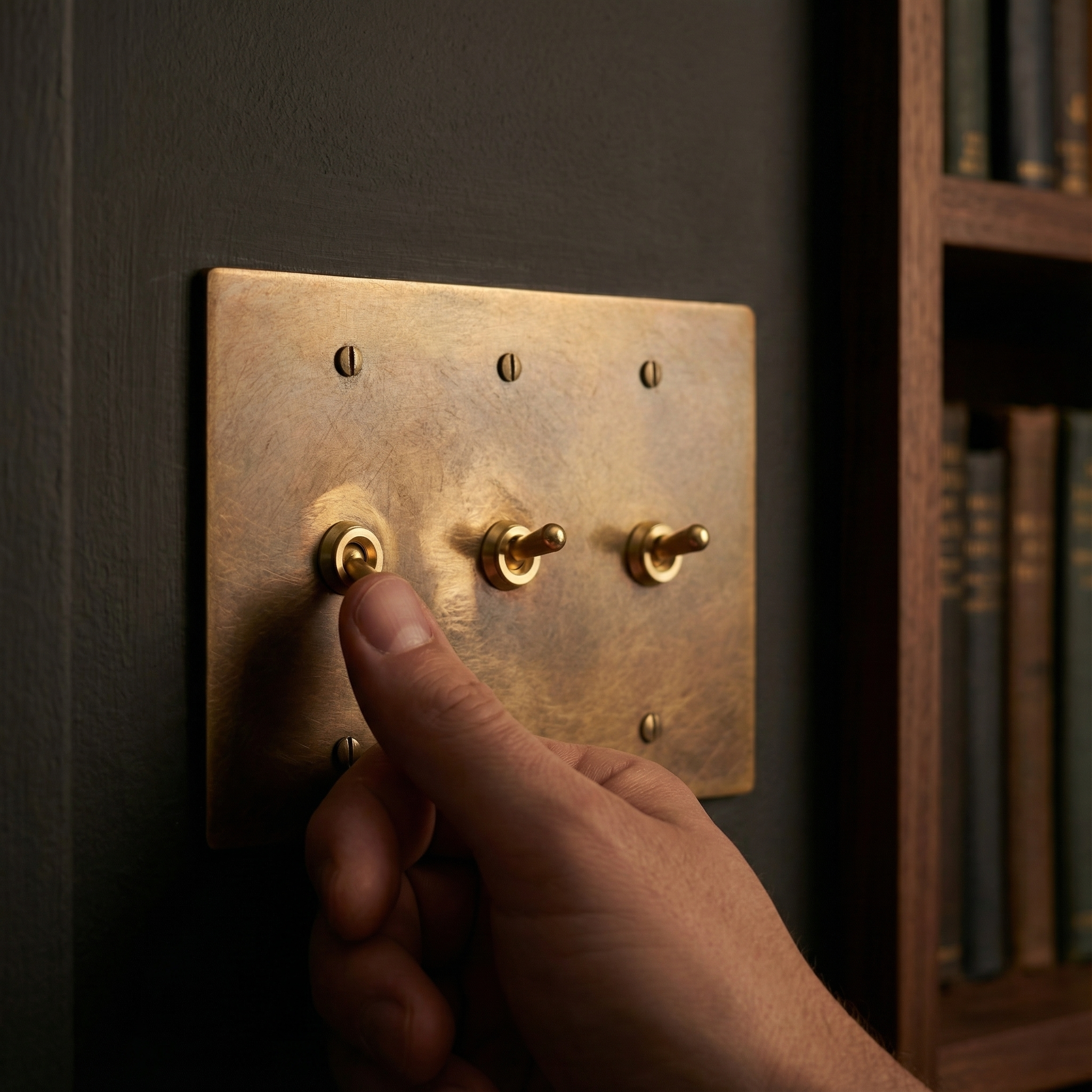 Heirloom aged brass 3 gang vintage toggle switch plate on a dark wall, a hand engaging its timeless toggle.