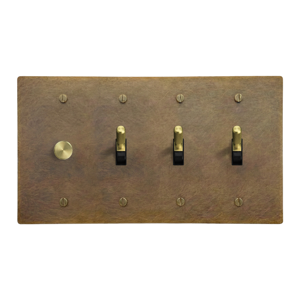 Aged Brass 4-Gang Dimmer, Toggle, Toggle & Toggle Switch Plate in Black