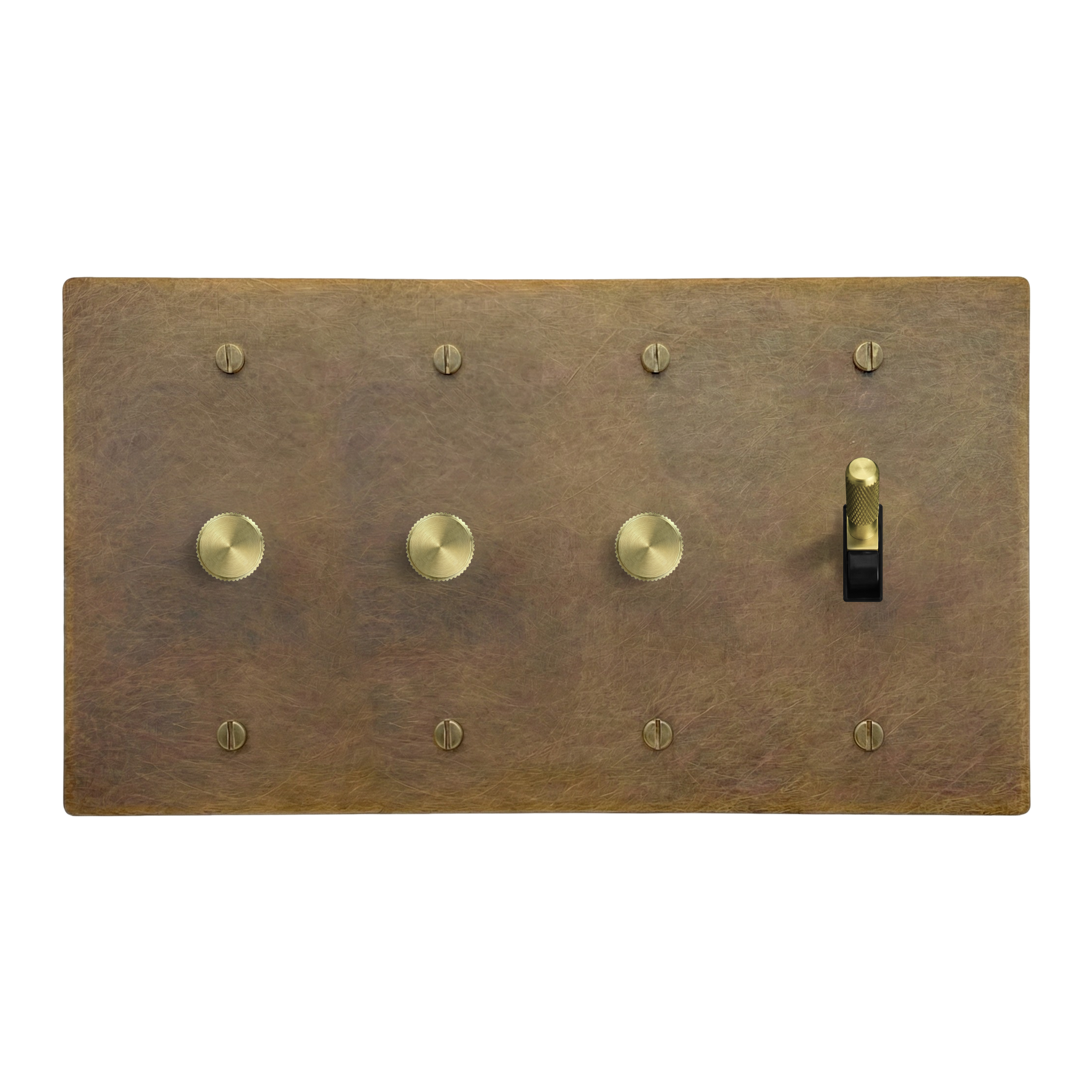 Aged Brass 4-Gang Dimmer, Dimmer, Dimmer & Toggle Switch Plate in Black
