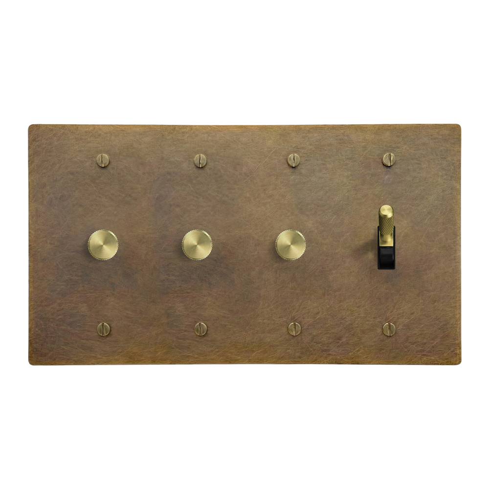 Aged Brass 4-Gang Dimmer, Dimmer, Dimmer & Toggle Switch Plate in Black