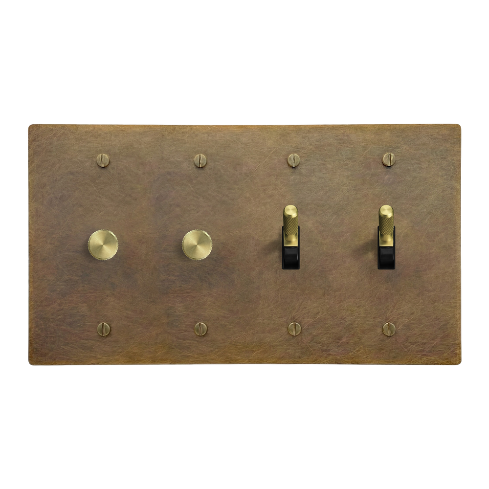 Aged Brass 4-Gang Dimmer, Dimmer, Toggle & Toggle Switch Plate in Black