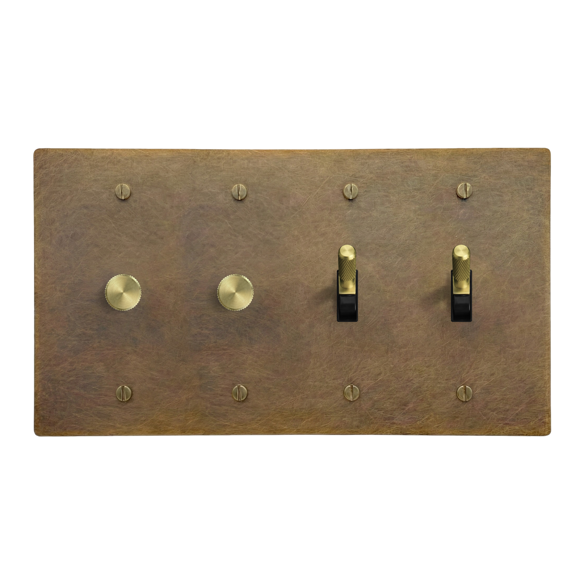 Aged Brass 4-Gang Dimmer, Dimmer, Toggle & Toggle Switch Plate in Black