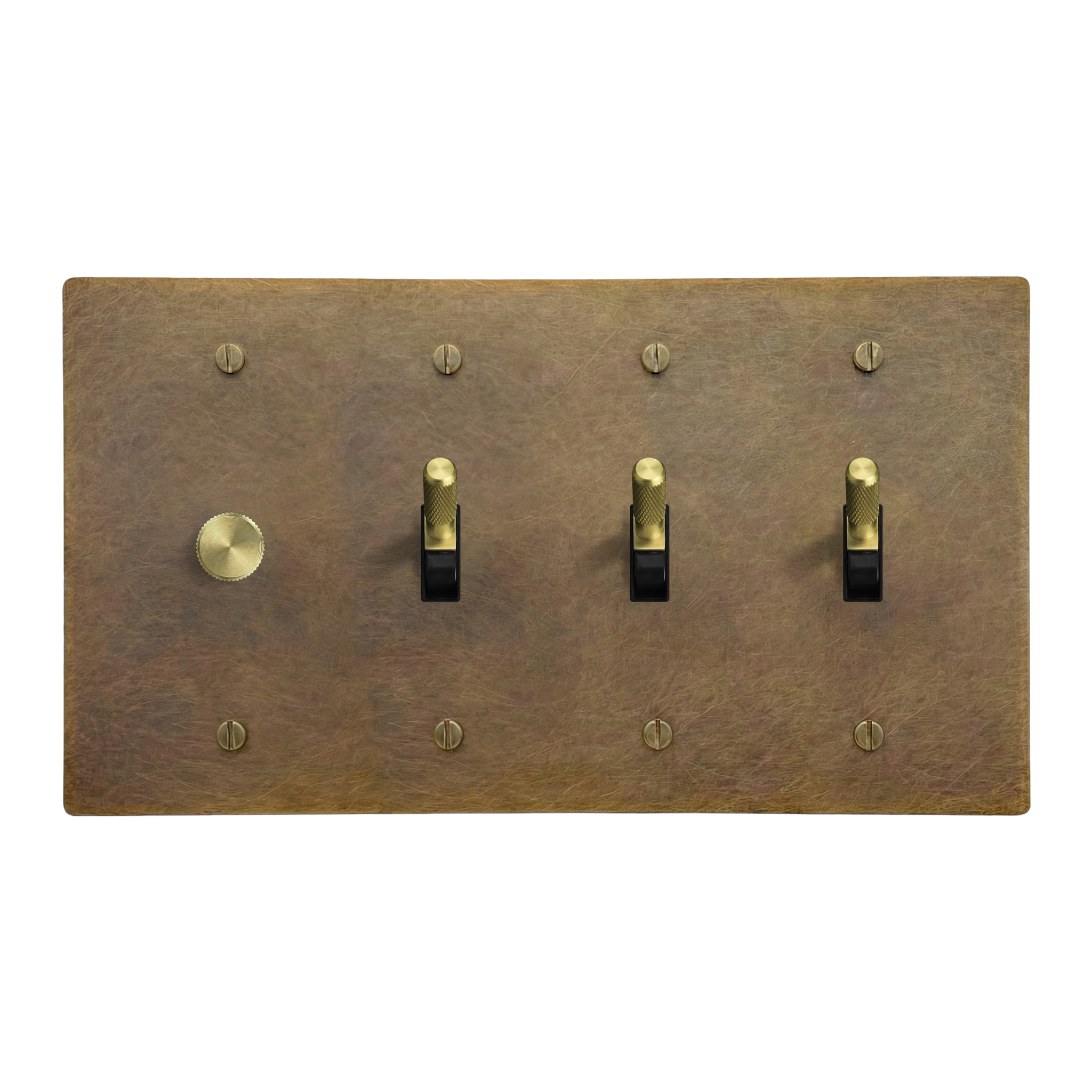 Aged Brass 4-Gang Dimmer, Toggle, Toggle & Toggle Switch Plate in Black