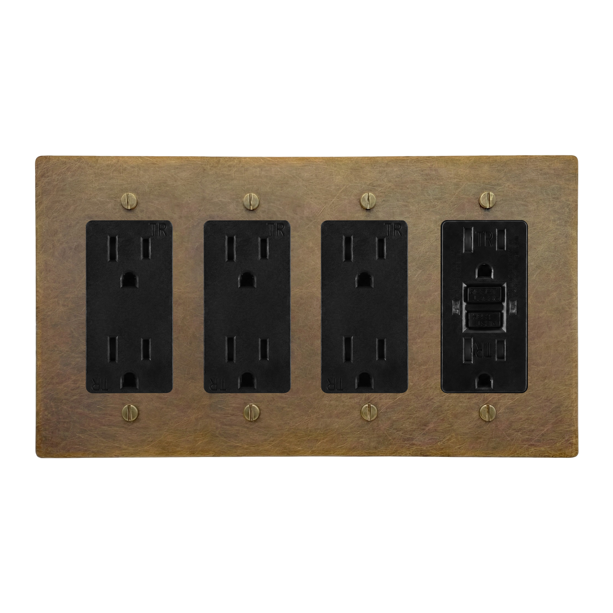 Aged Brass 4-Gang Duplex Outlet, Duplex Outlet, Duplex Outlet & GFCI Outlet Switch Plate in Black
