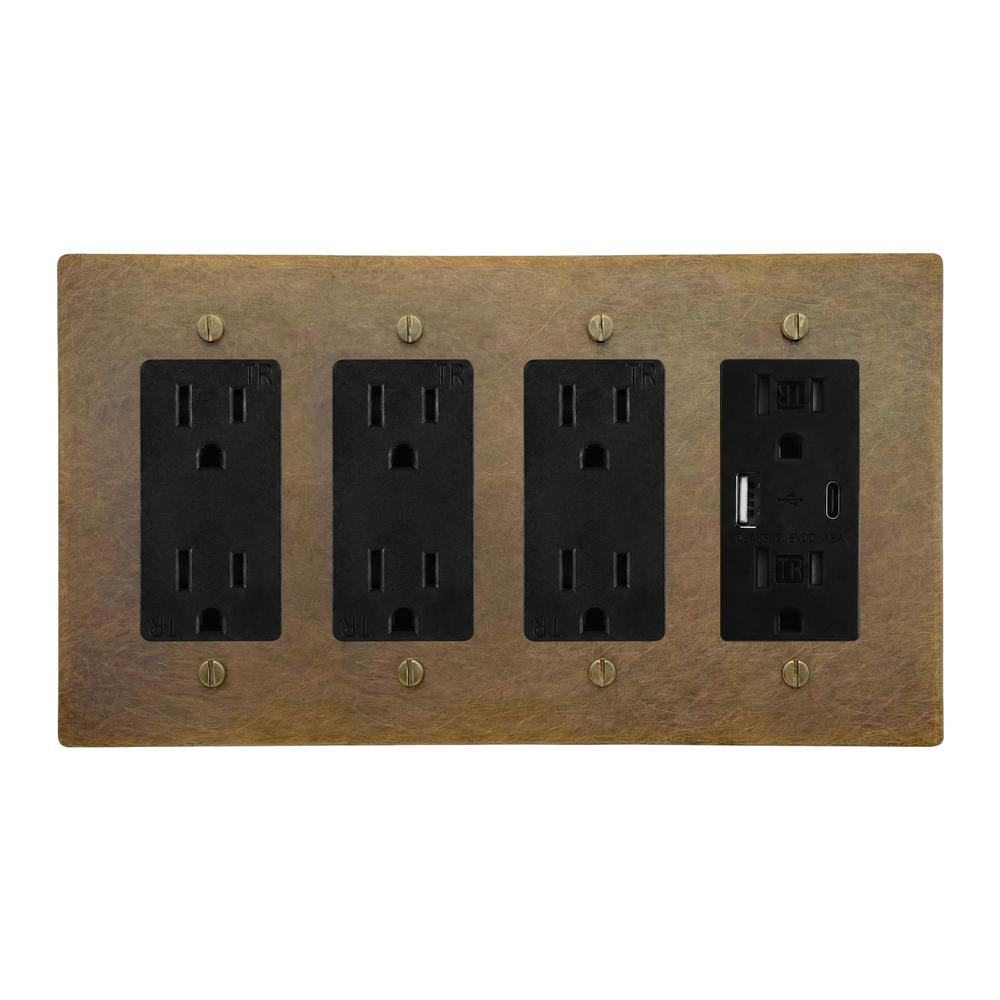 Aged Brass 4-Gang Duplex Outlet, Duplex Outlet, Duplex Outlet & USB Outlet Switch Plate in Black