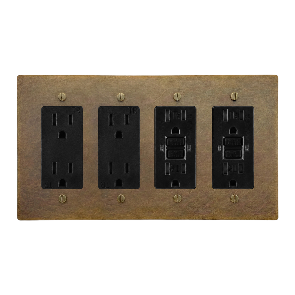 Aged Brass 4-Gang Duplex Outlet, Duplex Outlet, GFCI Outlet & GFCI Outlet Switch Plate in Black