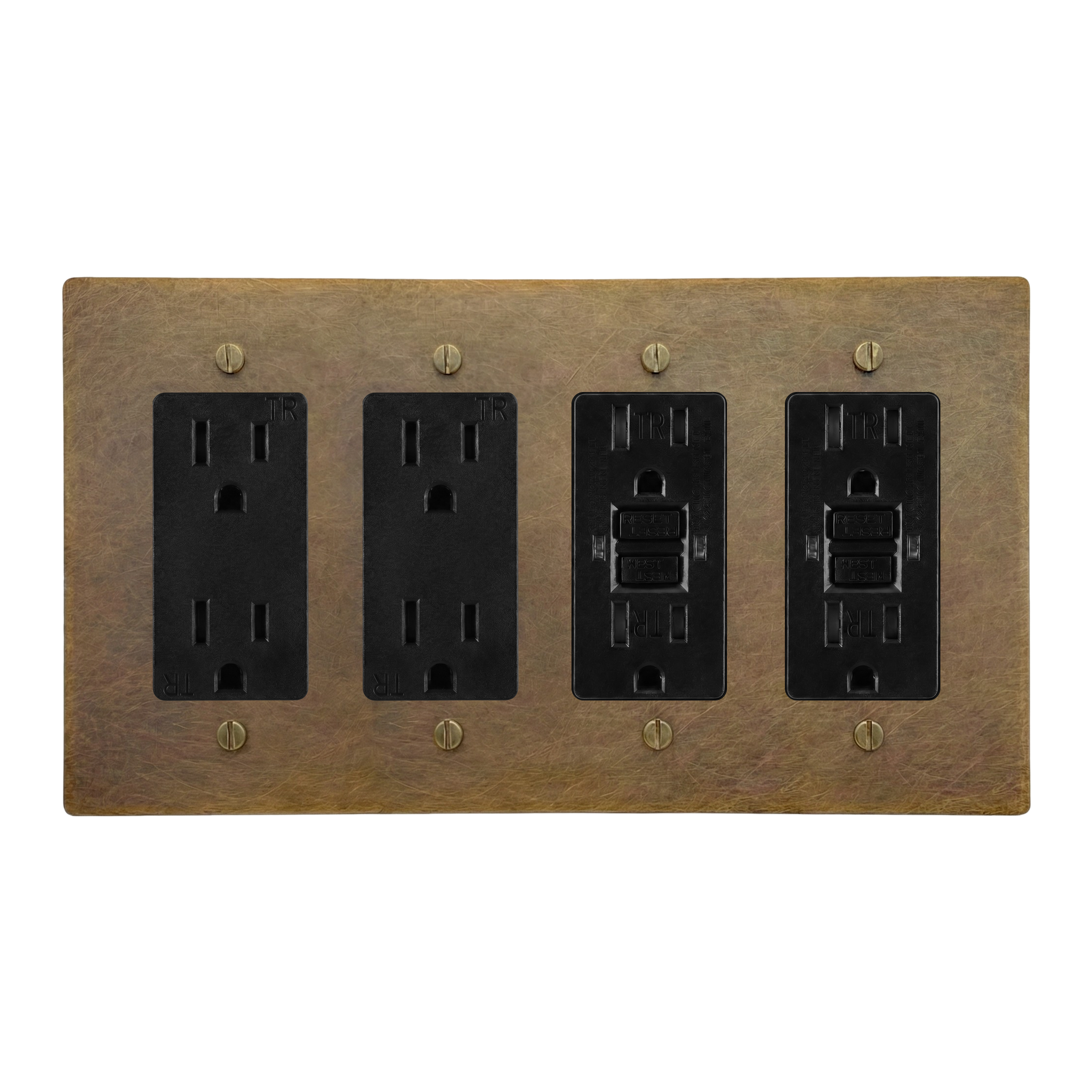Aged Brass 4-Gang Duplex Outlet, Duplex Outlet, GFCI Outlet & GFCI Outlet Switch Plate in Black