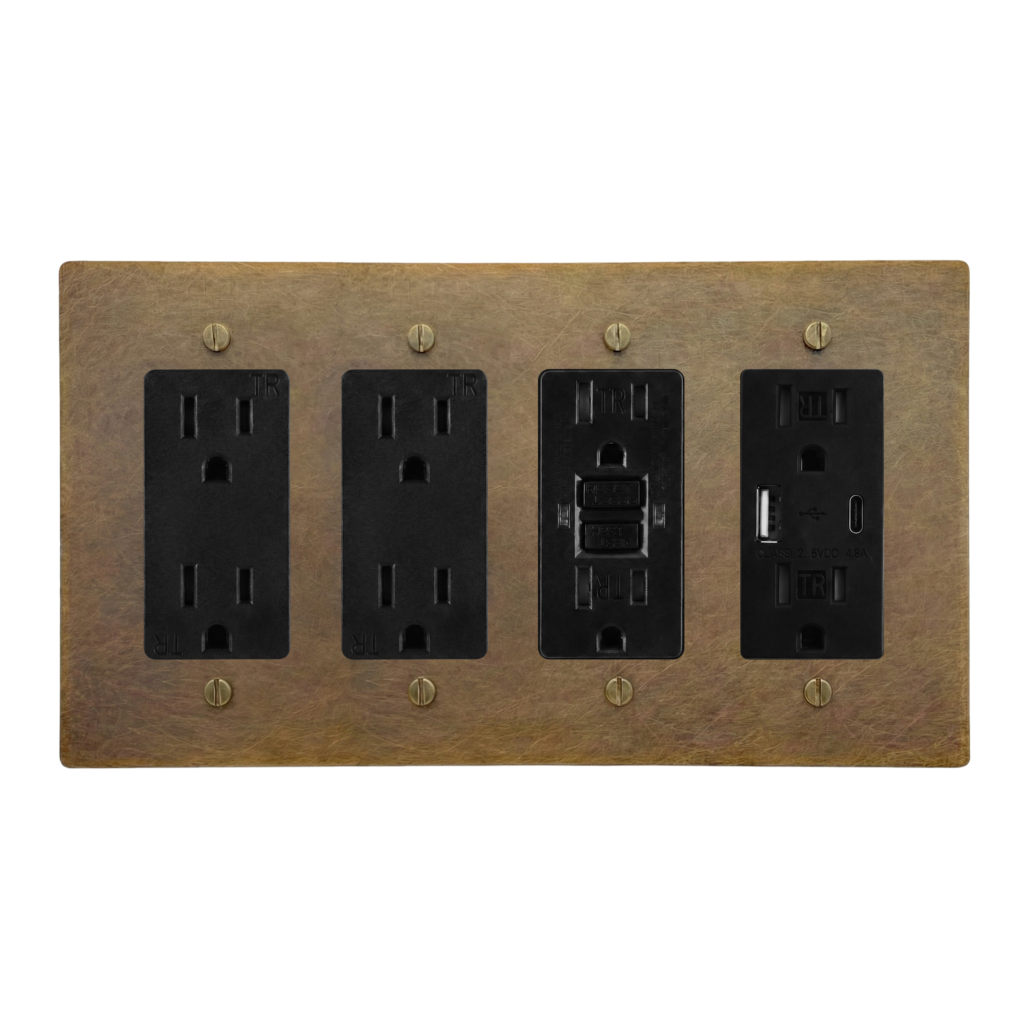 Aged Brass 4-Gang Duplex Outlet, Duplex Outlet, GFCI Outlet & USB Outlet Switch Plate in Black