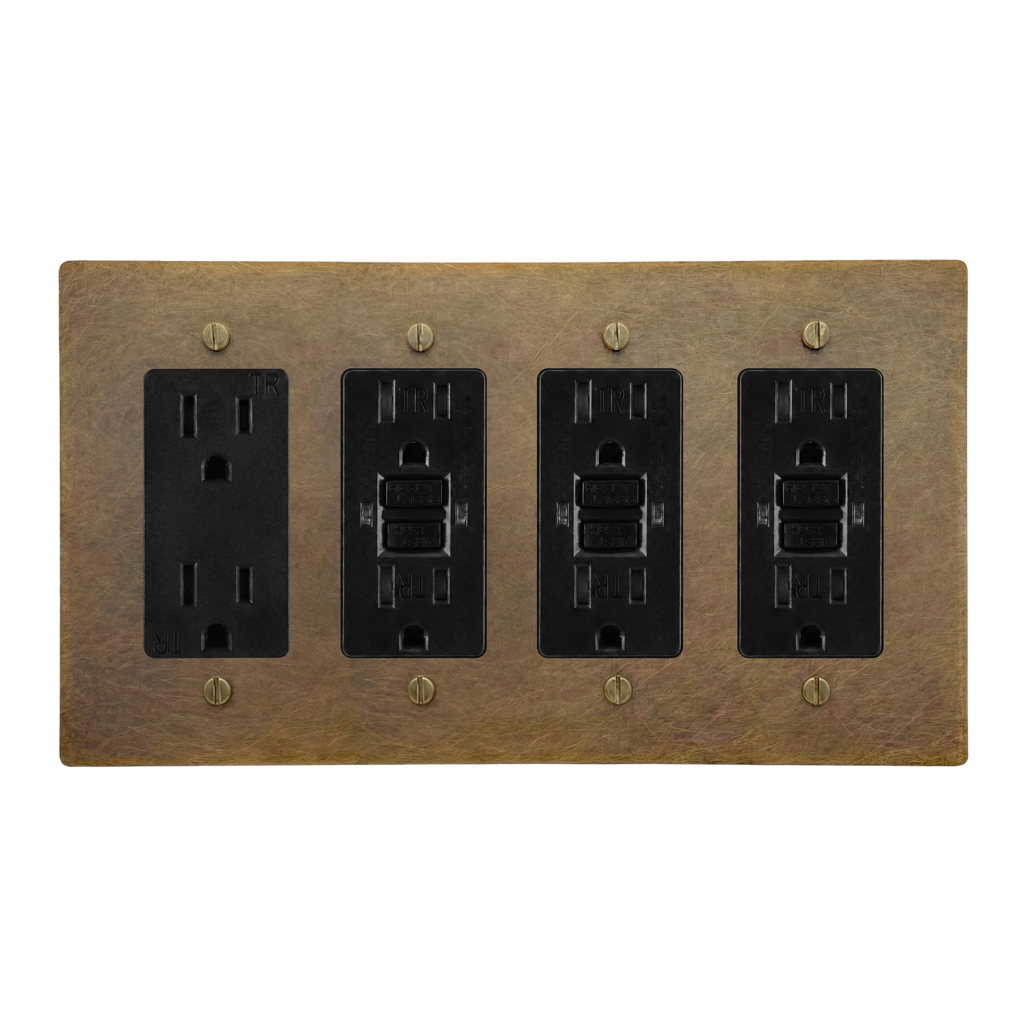 Aged Brass 4-Gang Duplex Outlet, GFCI Outlet, GFCI Outlet & GFCI Outlet Switch Plate in Black