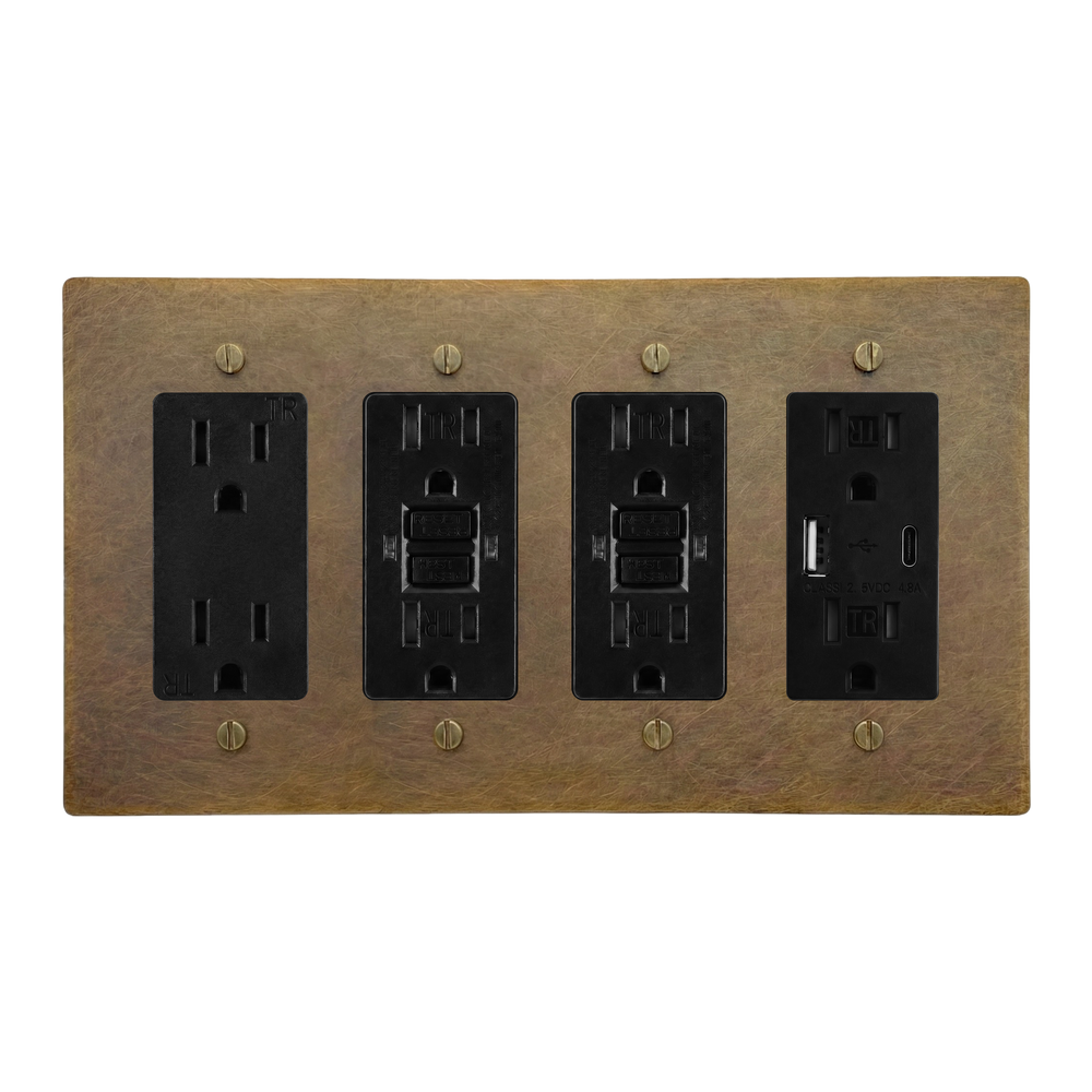 Aged Brass 4-Gang Duplex Outlet, GFCI Outlet, GFCI Outlet & USB Outlet Switch Plate in Black