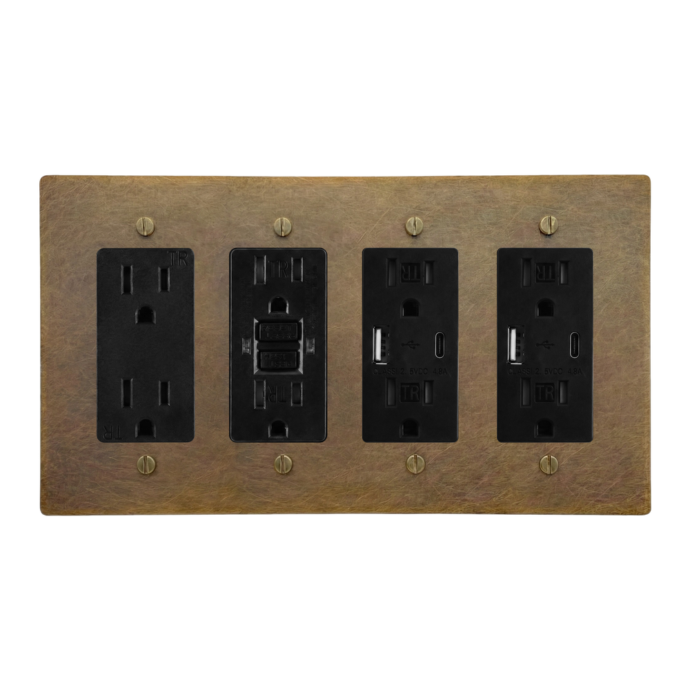Aged Brass 4-Gang Duplex Outlet, GFCI Outlet, USB Outlet & USB Outlet Switch Plate in Black