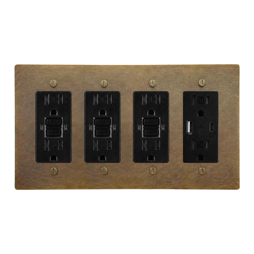 Aged Brass 4-Gang GFCI Outlet, GFCI Outlet, GFCI Outlet & USB Outlet Switch Plate in Black
