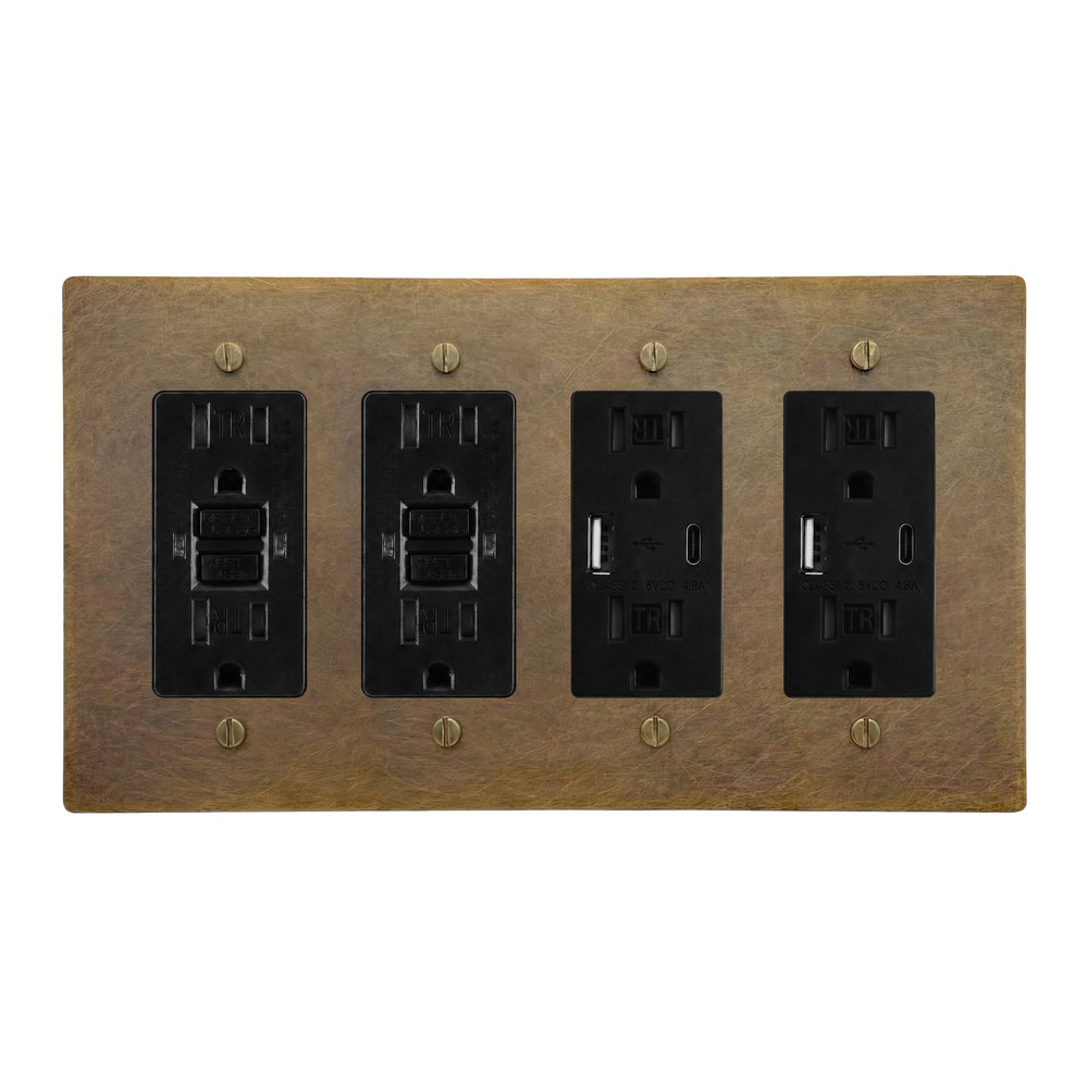 Aged Brass 4-Gang GFCI Outlet, GFCI Outlet, USB Outlet & USB Outlet Switch Plate in Black