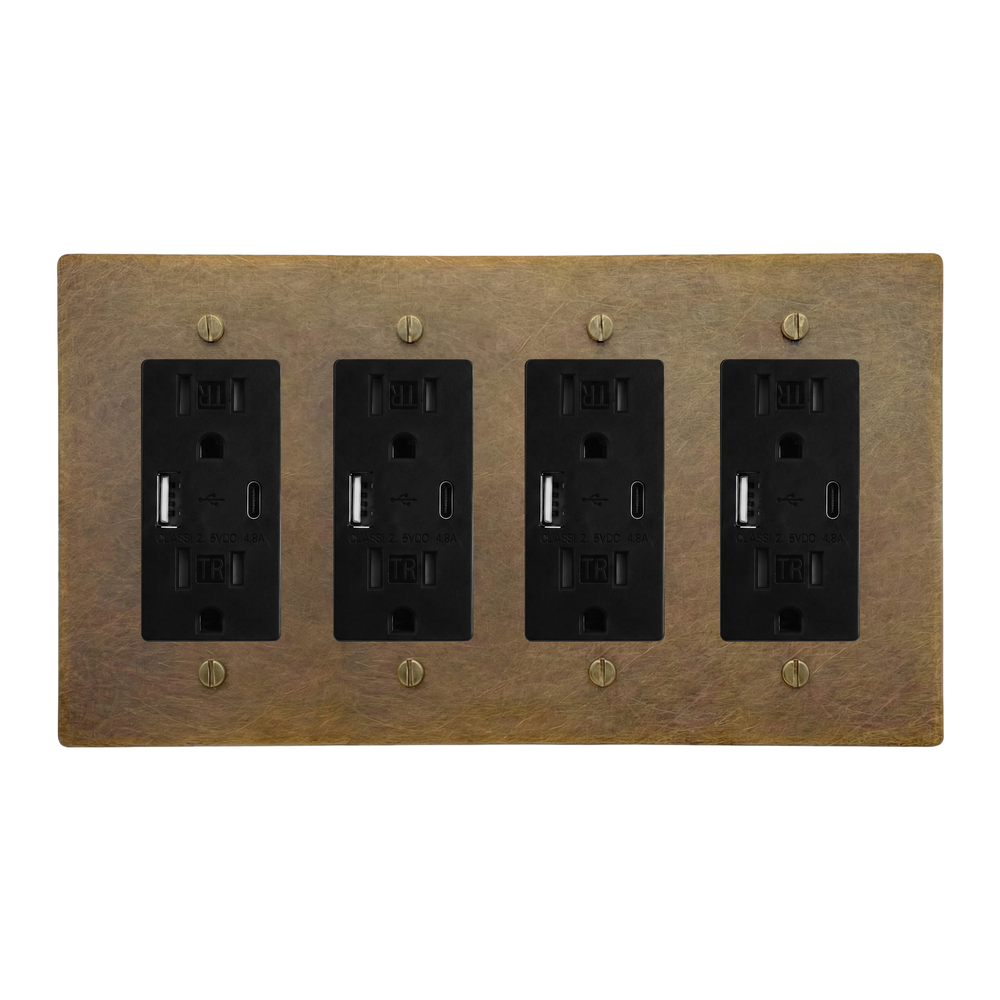 Aged Brass 4-Gang USB Outlet, USB Outlet, USB Outlet & USB Outlet Switch Plate in Black